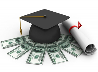 Graphic of rolled diploma and graduation cap sitting on a spread of 100 dollar bills 